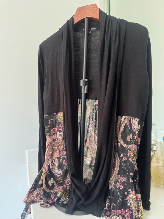 Kensie Sweaters - Kensie Black Open-Front Cardigan with Paisley Panels US Small